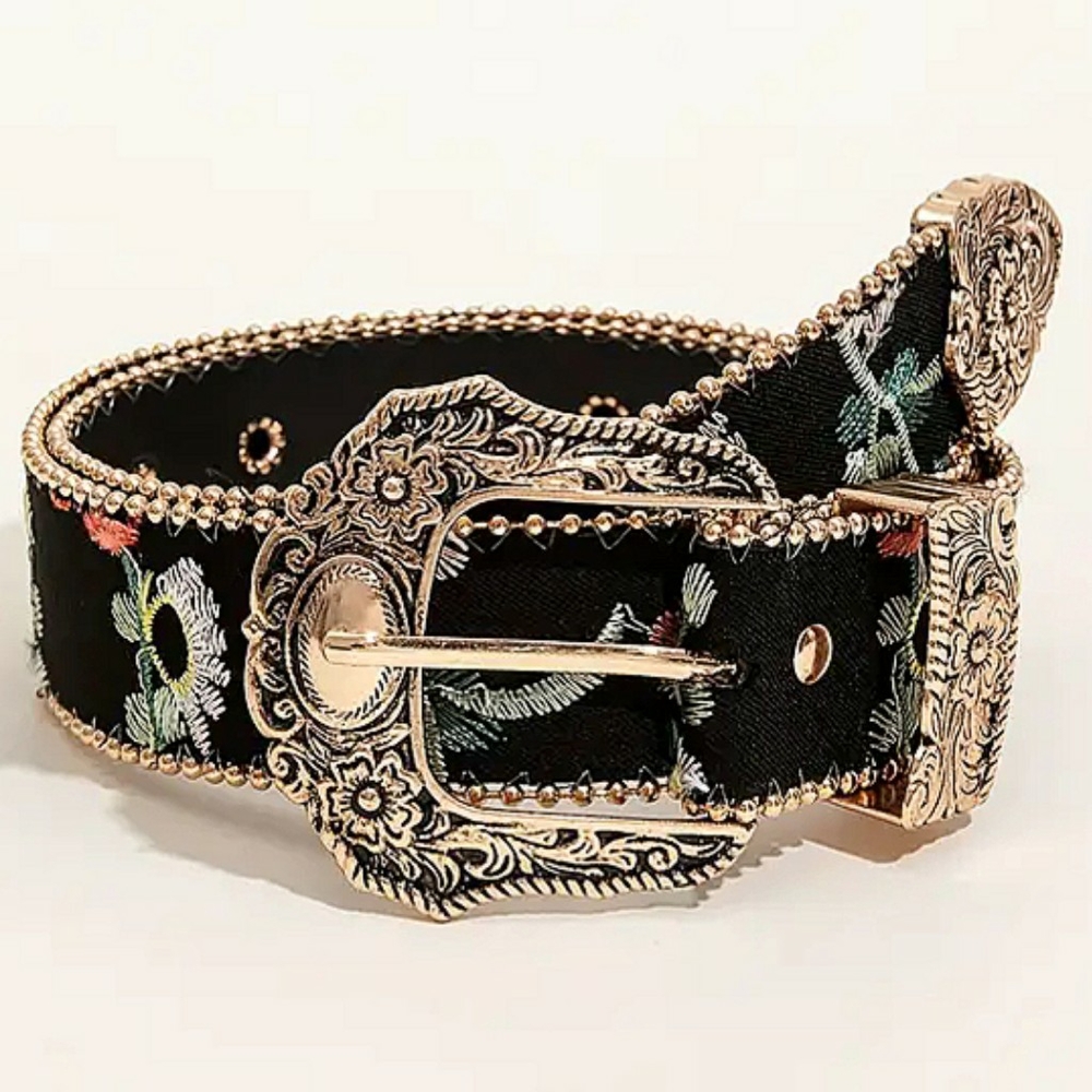 Western Black Goldtone Embossed Flower Embroidered Rancher Belt Buckle Boho New